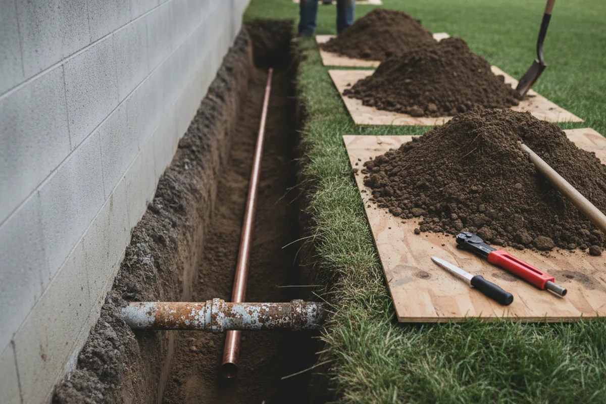 Excavated water line trench during Water Softener Installation in Monrovia